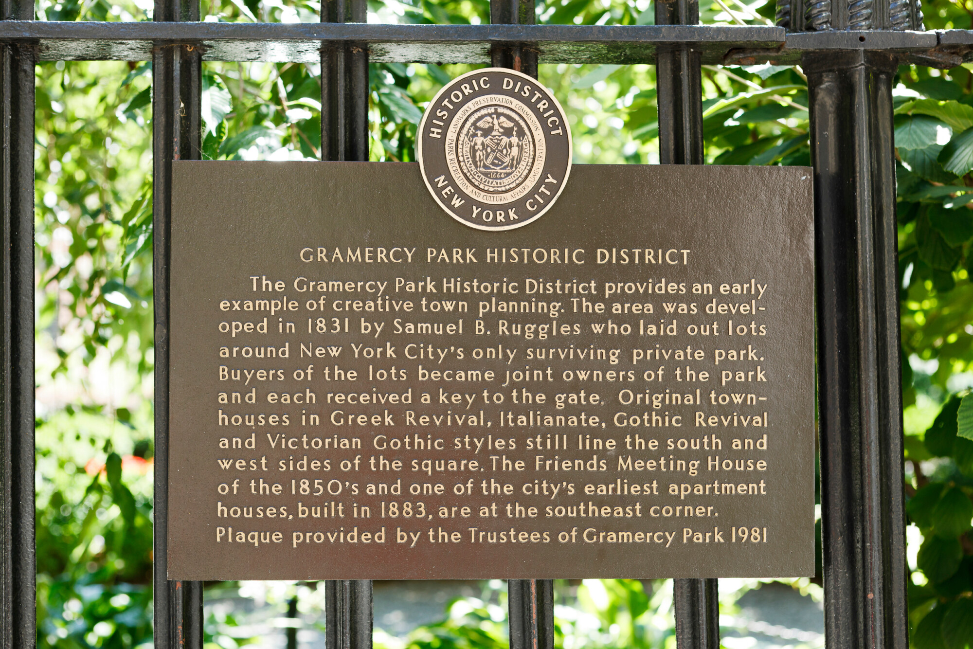 New York, New York, Usa July 14, 2011: This Is A Plaque On The Fence Of Gramercy Park (the Actual Park). It Describes The History Of This Park And Surrounding Historic District In Manhattan.